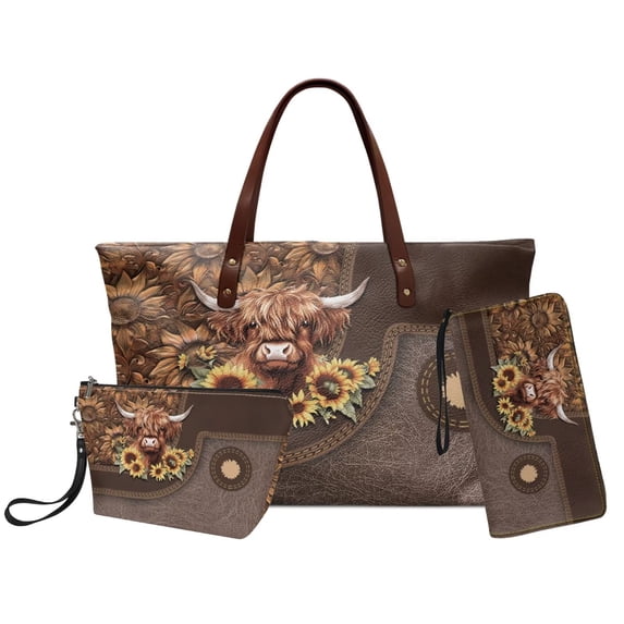 DISNIMO Highland Cattle Print Handbag and Wallet Set Sunflower Print Tote Bag Purse with Makeup Pouch PU Leather Top Handle Handbag, Brown