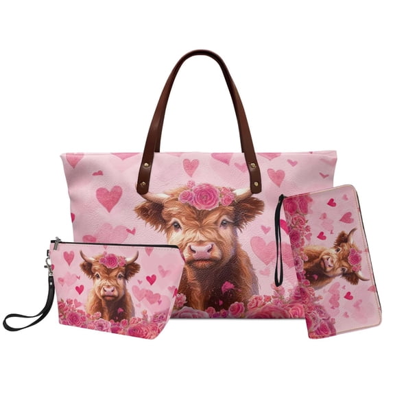 DISNIMO Highland Cattle Print Tote Bag and Wallet Set Rose Print Top Handle Handbag with Makeup Pouch Portable PU Leather Purses Set for Ladies, Pink