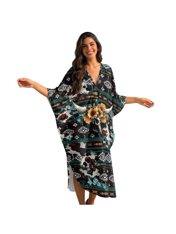 Highland Cattle Print Womens Kaftan Dresses Sunflower Aztec Printed Long Caftan Dress Plus Size Batwing Sleeve Swimsuit Cover up V-Neck Summer Beach Coverups for Bathing Suit
