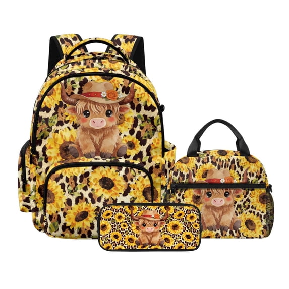 DISNIMO Highland Cattle Sunflower Print Backpack and Lunch Box Set for Kids, 17 Inch Large School Backpack with Pencil Case, Lightweight Portable Student Bag for Girls 10-12, Back to School Supplies