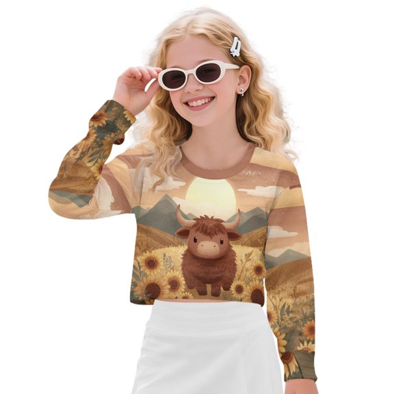 DISNIMO Highland Cattle Sunflower Printed Girl's Crop Tops Long Sleeve Tee T Shirts Round Neck Cropped Sweatshirts Fall Fashion Pullover Tops