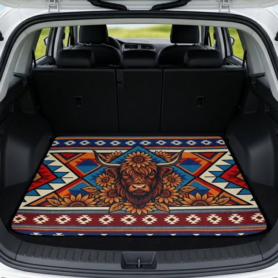 DISNIMO Highland Cow Aztec Printed Universal Car Trunk Mat 29" x 39" All Weather Trunk Protection Cargo Liner Non-Slip Rear Cargo Floor Mat Fits for SUV Truck Sedan