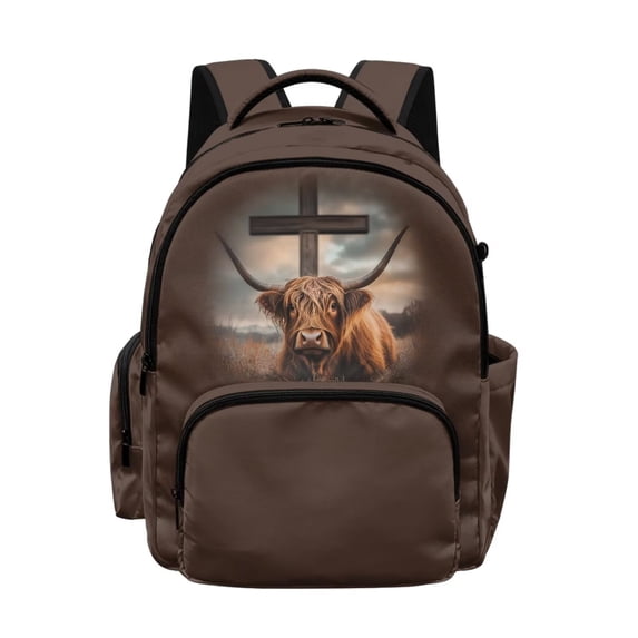 DISNIMO Highland Cow Cross Print Large Capacity School Backpack, Multi Compartments Casual Daypack with Side Mesh Pockets for Elementary Middle School Students Daily Use