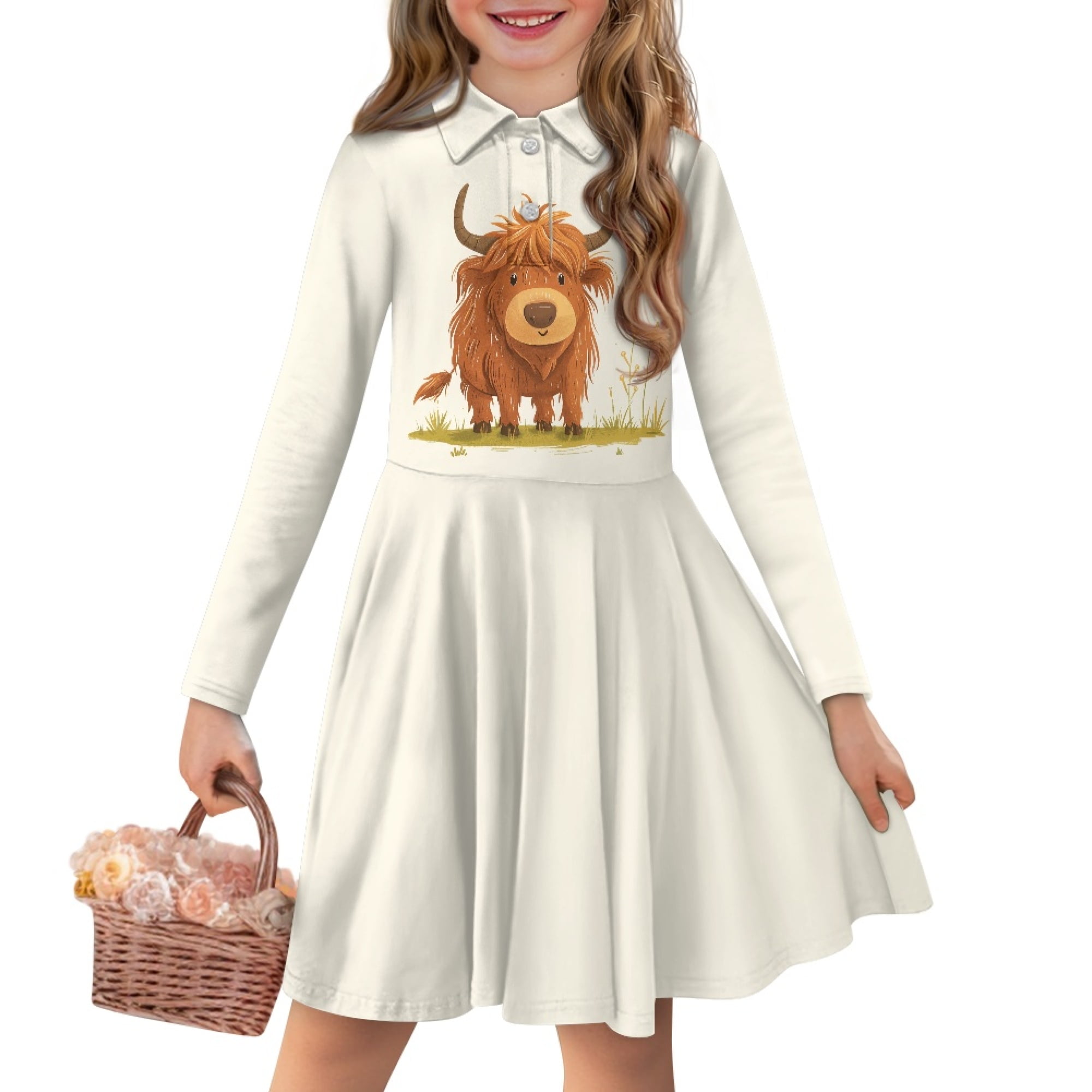 DISNIMO Highland Cow Dress Girls Long Sleeve Skater Dresses Kids 3-4 ...