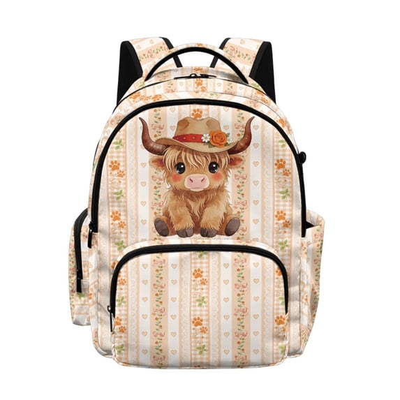 DISNIMO Highland Cow Paw Printed Kids School Backpack for Boys Girls 17 Inch Bookbag with Padded Straps and Water Bottle Pocket, Lightweight Large School Backpack for Preschool Middle Students