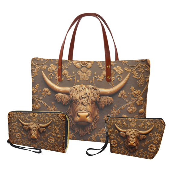 DISNIMO Highland Cow Print Handbag Set Vintage Flower Print Tote Bag with Matching Wallet Top Handle Handbag with Cosmetic Bag for Daily Use