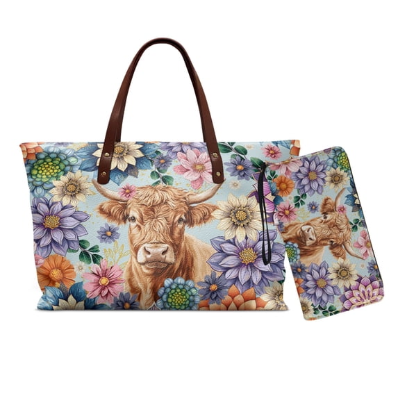 DISNIMO Highland Cow Print Tote Bag for Women Boho Mandala Flower Print Handbag and Wallet Set with Zipper Closure PU Leather Satchel Shoulder Purse