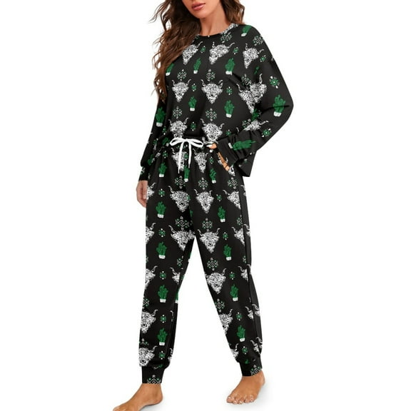 DISNIMO Highland Cow Print Women's Pajama Sets Aztec Cactus Printed Long Sleeve Lounge Sets Sleepwear Casual 2 Piece Pjs Set Crew Neck Pullover Top with Long Pants, 2XL