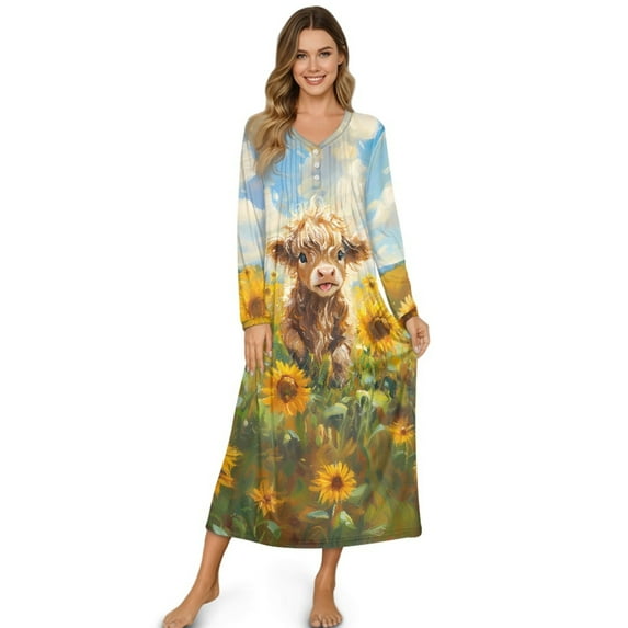 DISNIMO Highland Sunflower Print Women's Nightgown Long Sleeve Sleepwear Button Up Nightshirts Soft V Neck Night Gowns Long, S