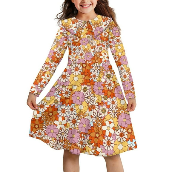 DISNIMO Hippie Flower Girl Dress Long Sleeve Kids Collar Dress Girls Casual Fall Dresses for Childrens Twirl Dress Girls Swing Dresses Girls Childrens Long Sleeve Dresses Children Dress Girls 3-4