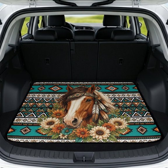 DISNIMO Horse Flower Print Car Trunk Mat Aztec Tribal Printed All Weather Trunk Protection Cargo Liner Non-Slip Scratch-Proof Pet Trunk Cargo Cover Auto Interior Accessories