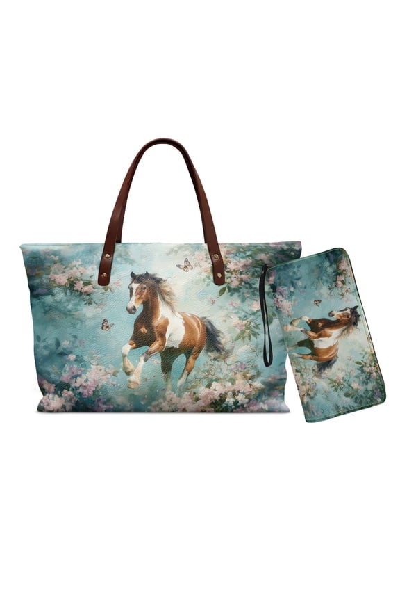 Horse Flower Print Handbag and Wallet Set PU Leather Top Handle Bag with Zipper Fashion Tote Satchel Handbag with Wrist Strap Wallet