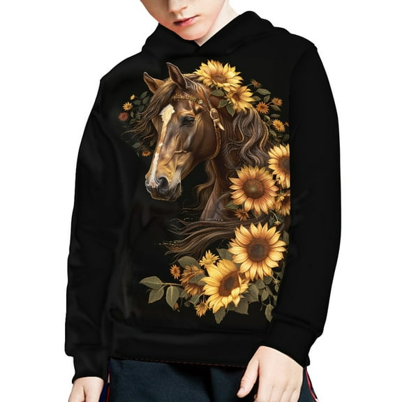 DISNIMO Horse Hoodie for Boys Sunflower Hoodies Fall Girl Hoodies Oversized Hooded Sweatshirt Kids Girls Preppy Boys Hoodie Sweatshirts Size 8-10 Pullover Hoodie Cool Design Boy Black
