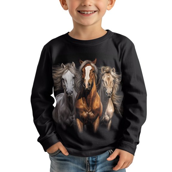 DISNIMO Horse Print T Shirts for Boys Shirts Long Sleeve Size 9-10 Boys Clothes Fall Crew Neck Shirts for Girls Long Sleeve Tops Loose Fit Tees for Girls Outfits Casual T-Shirts for Kids Boys