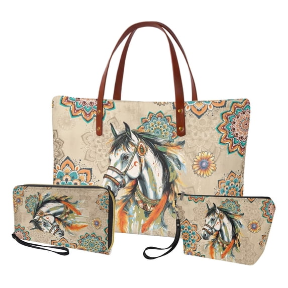 DISNIMO Horse Print Womens Tote Bag Purse Boho Mandala Flower Print Handbags and Wallet Set with Make Up Bag Portable Top Handle Handbag, Gift for Mom