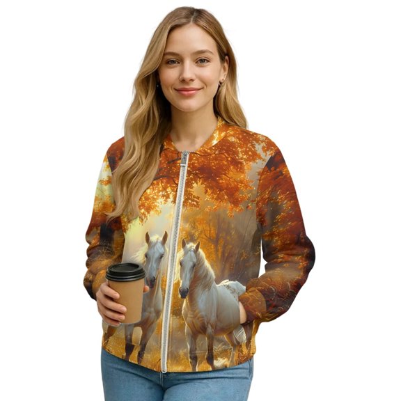 DISNIMO Horse Printed Jackets for Women Zip Up Sweatshirts V Neck Outwear Long Sleeve Sweatshirts for Fall Winter, 2XL
