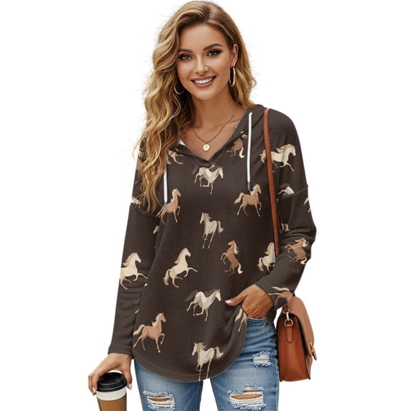 DISNIMO Horse Printed Shirts for Women Long Sleeve Hoodies V Neck Sweatshirts Waffle Drawstrings Tunics Top for Fall Winter, 3XL