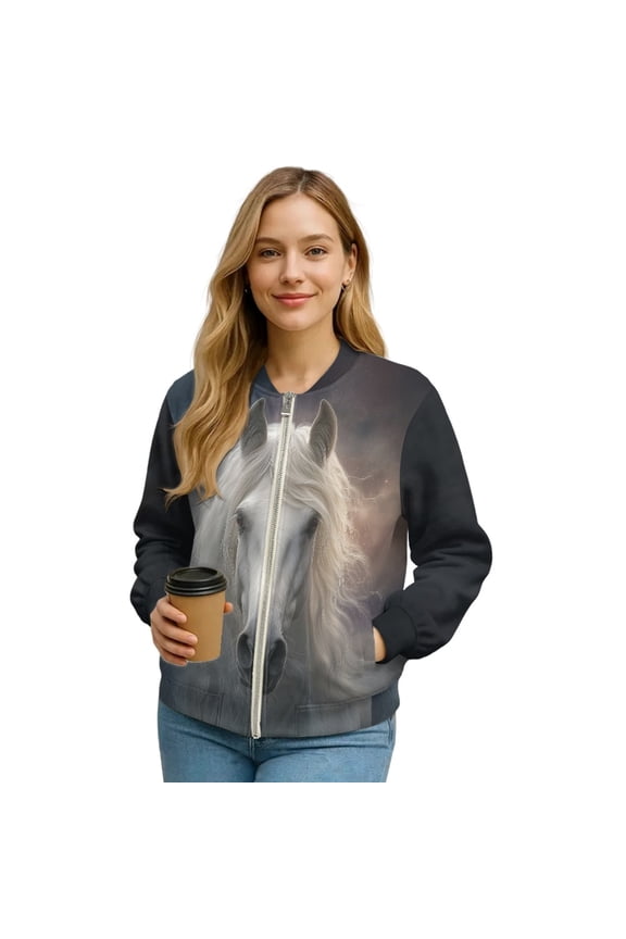 Horse Printed Sweatshirts for Women Long Sleeve Jackets Zip Up Outwear Fall Winter Clothes, S