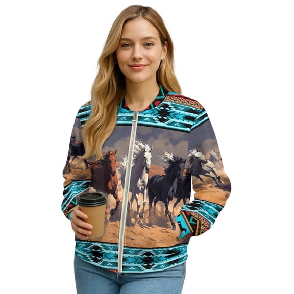 DISNIMO Horse Printed Women's Zip Up Sweatshirt Long Sleeve Outwear Aztec Style V Neck Jackets Coat Fall Winter Outfits, M