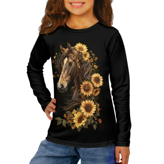 DISNIMO Horse Sunflower Shirt Fall Long Sleeve Shirts for Boys 15-16 Tops Long Sleeve Loose Shirts Girls Cute T Shirt for Girls High Waisted Shirts for Girls Crew Neck Tshirt Boys