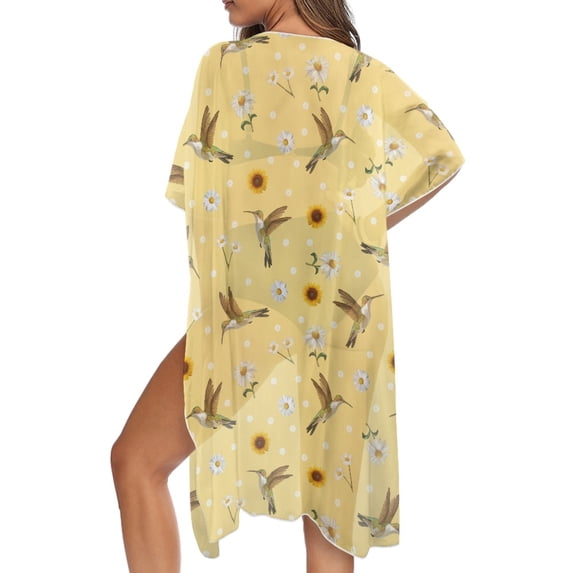 DISNIMO Hummingbird Daisy Print Women's Swimsuit Cover Up Sunflower Printed Casual Cardigan Beach Coverup Summer Loose Bathing Suit Cover Ups Half Sleeve Bikini Coverups