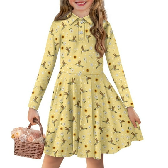 DISNIMO Hummingbird Dress Girls Daisy Dress Kids Sunflower Dress Youth Girl Swing Dress Girl Long Sleeve Casual Dress Kids Midi Dresses with Collars for Girls Button Down Dress Animal Dress 4-5