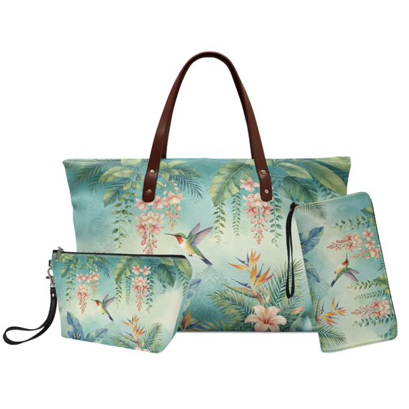 DISNIMO Hummingbird Floral Print Tote Bag and Wallet Set PU Leather Satchel Shoulder Bag Top Handle Handbag with Make Up Bag Stylish for Work Party Shopping