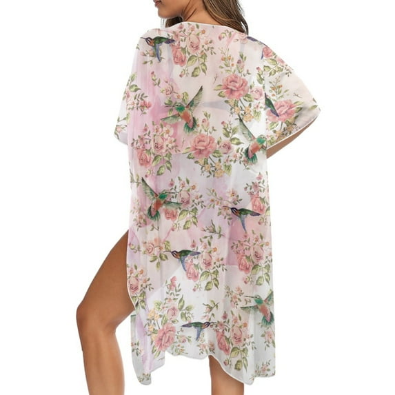 DISNIMO Hummingbird Flower Print Beach Cover Ups for Women Kimono Summer Casual Swimwear Coverup Cardigan Long Loose Swimsuit Cover Up