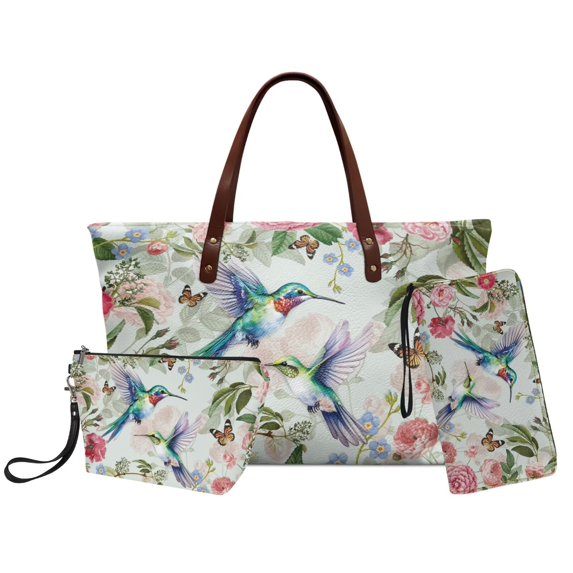 DISNIMO Hummingbird Flower Print Tote Handbag for Women PU Leather Satchel Shoulder Bag with Matching Wallet Portable Lightweight Top Handle Handbag with Cosmetic Bag