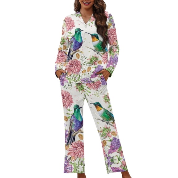 DISNIMO Hummingbird Flower Printed Women's 2 Piece Pajama Sets Long Sleeve Button Down Sleepwear with Long Pajama Pants Loose Fit Nightwear, XS