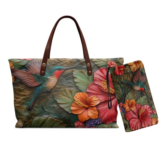 DISNIMO Hummingbird Hibiscus Print Handbag Wallet Set for Women Large Tote Bag with Zipper Closure Stylish Leather Top Handle Purse with Matching Wallet
