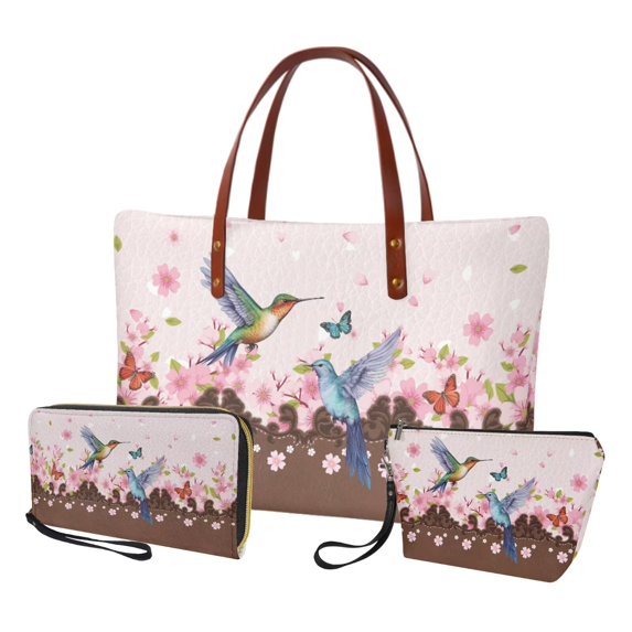 DISNIMO Hummingbird Print Purse and Wallet Set Cherry Blossom Print Tote Bag with Matching Wallet Makeup Pouch Stylish Large Satchel Shoulder Bags for Work Party Shopping
