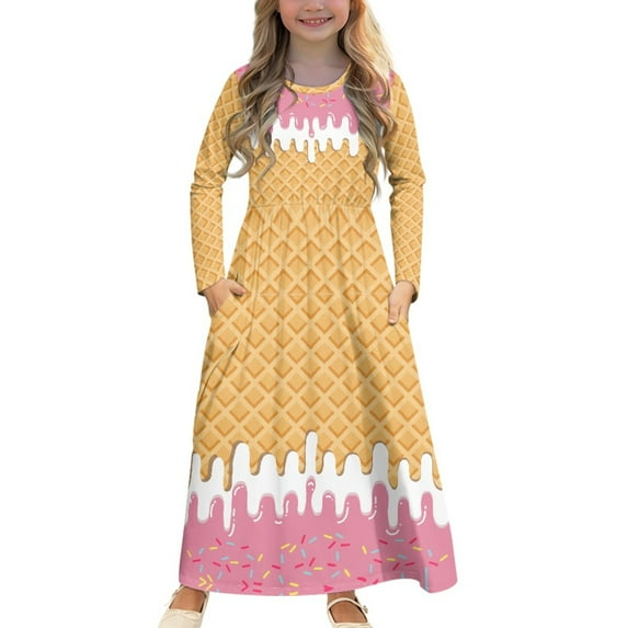 DISNIMO Ice Cream Girls Dresses Long Sleeve Girls Dresses Size 11-12 Dresses For Kids 2024 Casual Fall Frock for Kids Swing Dress Long Sleeve Midi Sun Dress with Side Pockets