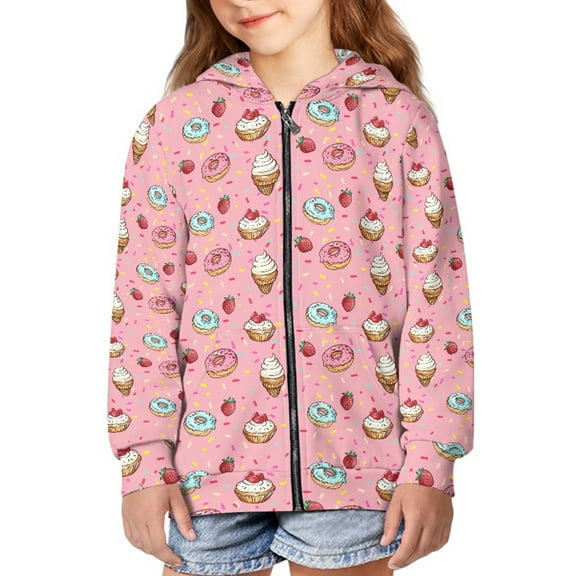 DISNIMO Ice Cream Hoodie Girl Strawberry Hoodie for Kids Girls Zipper Hooded Sweatshirt Boys 8-10 Hoodie Sweatshirts for Girls Hooded Jackets Children Zip Up Hoodie Streetwear Doughnut Clothes