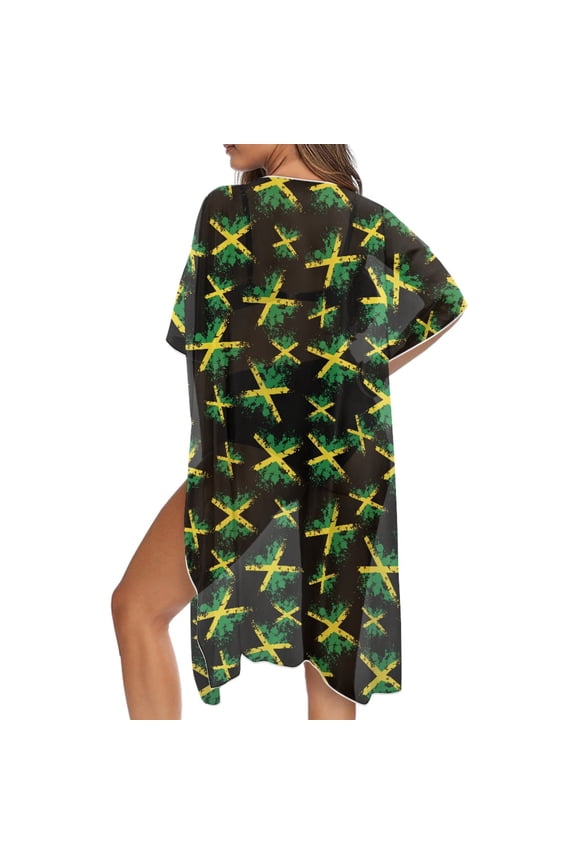 Jamaican Flag Print Beach Coveups for Women Kimono Swimsuit Cover up Open Front Long Cardigan Swimwear Coverup for Vacation