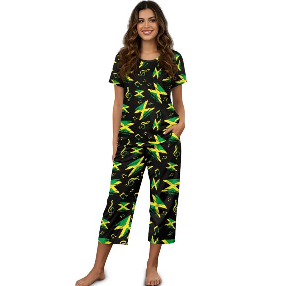 DISNIMO Jamaican Flag Printed Womens Pajama Sets, Musical Note Printed Sleepwear Soft 2 Piece Pjs Set Summer Tops and Capri Pant Lounge for Home, 3XL