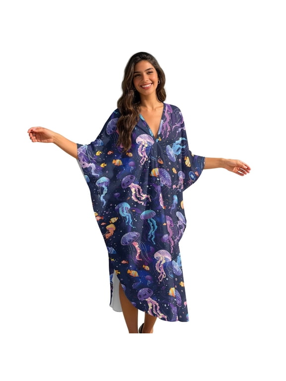 Jellyfish Print Kaftan Dress for Women Plus Size Summer Swimsuit Cover ups V Neck Batwing Sleeve Bathing Suit Coverups Casual Loose Caftan Dresses