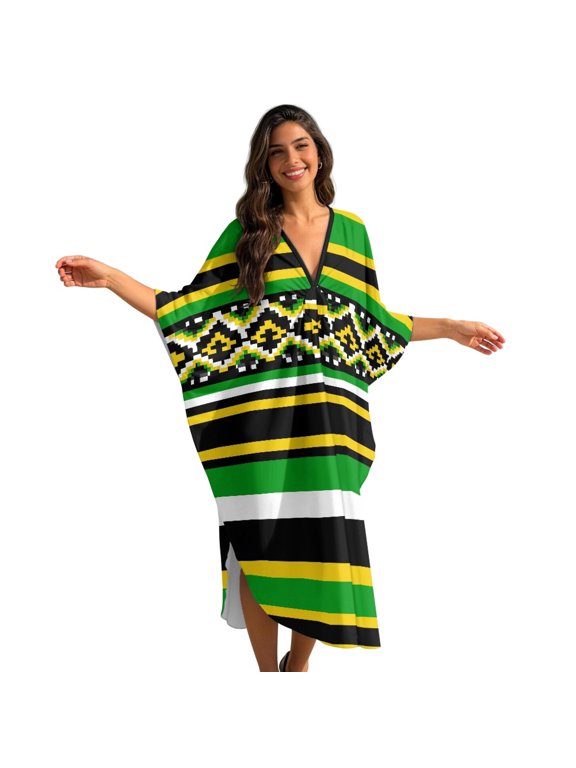 Kaftan Dress for Women Aztec Tribal Printed Plus Size V-Neck Beach Coverup Batwing Sleeve Kaftan Maxi Dresses Casual Loose Bathing Suit Cover Ups