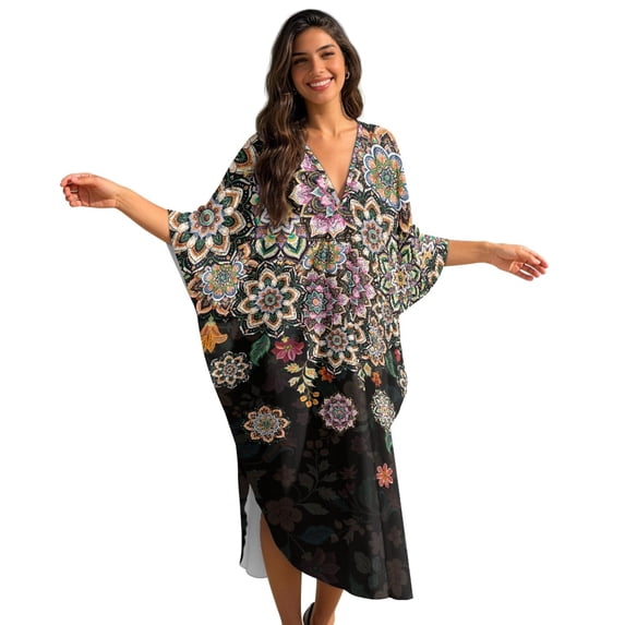 DISNIMO Kaftan Dresses for Women Boho Mandala Flower Print V-Neck Batwing Sleeve Swimsuit Cover Up Plus Size Caftan Dress Beach Cover Up Loose Fit Bathing Suit Coverups