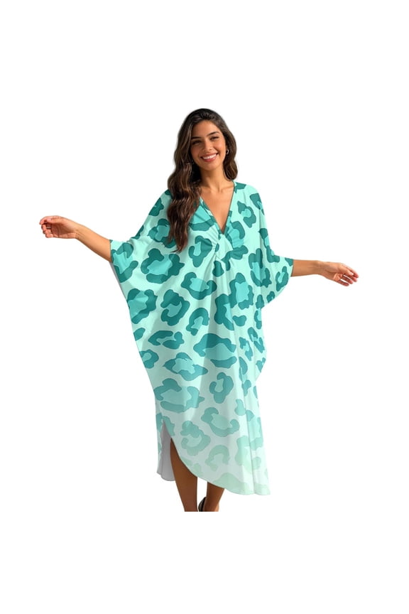 Kaftan Dresses for Women Leopard Printed Plus Size Swimsuit Coverup V Neck Batwing Sleeve Caftan Maxi Dress Lightweight Soft Bathing Suit Cover Ups
