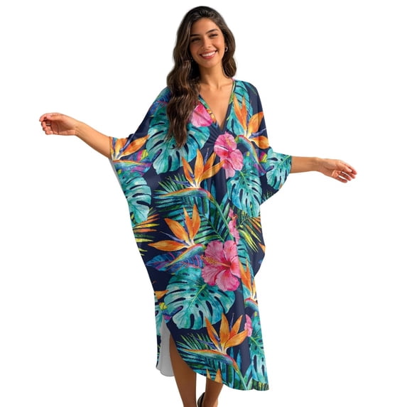 DISNIMO Kaftan Dresses for Women Monstera Hibiscus Print Plus Size V-neck Beach Cover Up Batwing Sleeve Caftan Dress Long Summer Beach Dress Swimsuit Coverup