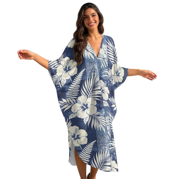 DISNIMO Kaftan Dresses for Women Palm Tree Hibiscus Print Plus Size Loose Fit Swimsuit Cover Ups V Neck Batwing Sleeve Caftan Dress Long Swimsuit Coverups