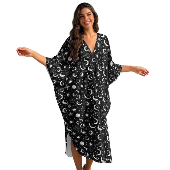 DISNIMO Kaftan Dresses for Women Sun Moon Printed Plus Size Swimsuit Cover Up Batwing Sleeve Caftan Dress Long Bathing Suit Coverups for Summer Beach Vacation