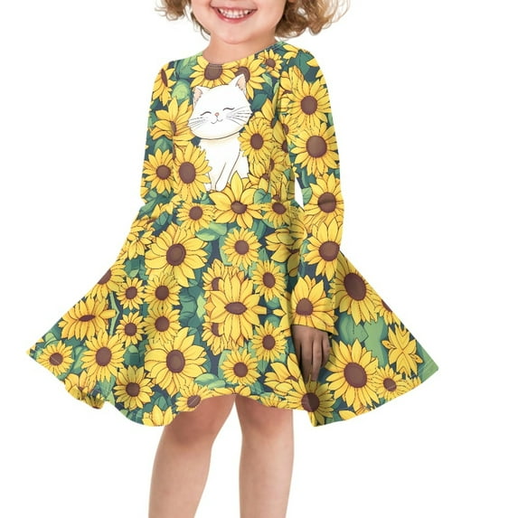 DISNIMO Kid Cat Dress for Girls Long Sleeve Sunflower Dress for Girls 15-16 Fall Dress Kid Sun Dress for Children Girls Beach Dresses Girls Kids Long Sleeve Midi Dress Kids Swing Casual Dress Teen