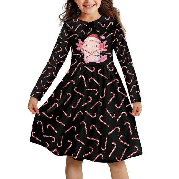 DISNIMO Kids Axolotl Dress for Girls Christmas Dress Girls Dress Size 13-14 Girls Dresses Long Sleeve Black Dresses Kids Midi Dress Teen Winter Dresses for Girls Long Sleeve Skater Dress