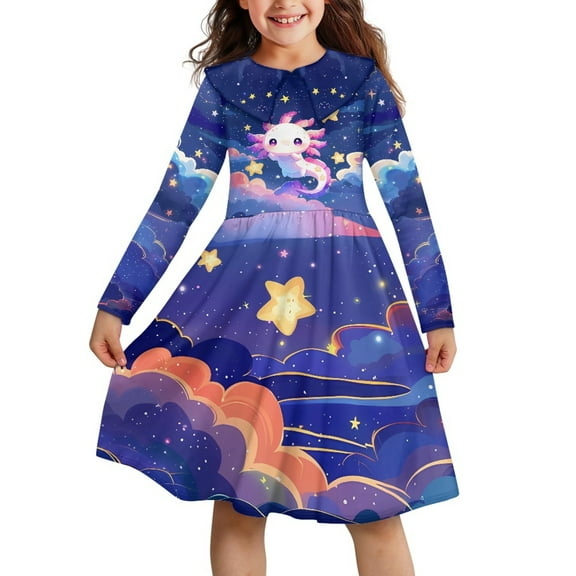 DISNIMO Kids Axolotl Dress for Girls Galaxy Dress for Girls Dresses with Stars Dress Girls 3-4 Dresses for Girls Midi Dress Long Sleeve Swing Dress Girls Child Dresses for Girls Casual Dress