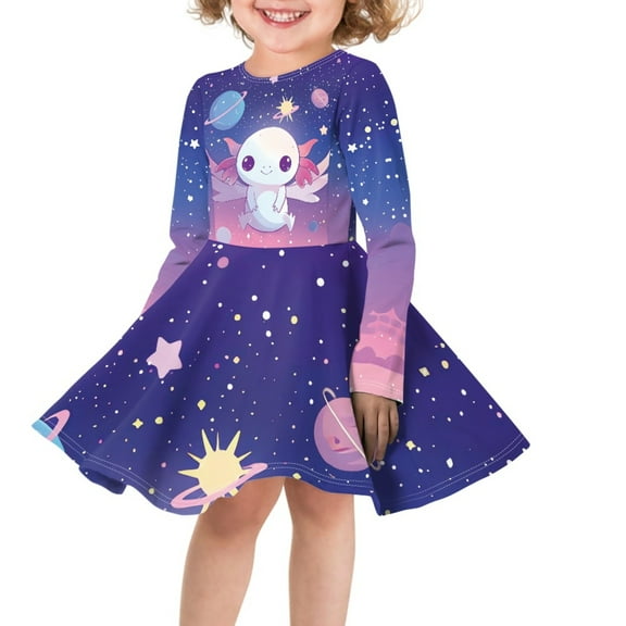 DISNIMO Kids Axolotl Dress Girls Galaxy Dress for Girls Long Sleeve Twirly Dress for Girls 3-4 Years Old Fancy Fall Dresses for Girls Fall Midi Dresses Children Skater Dress Kid Girl Dress Winter