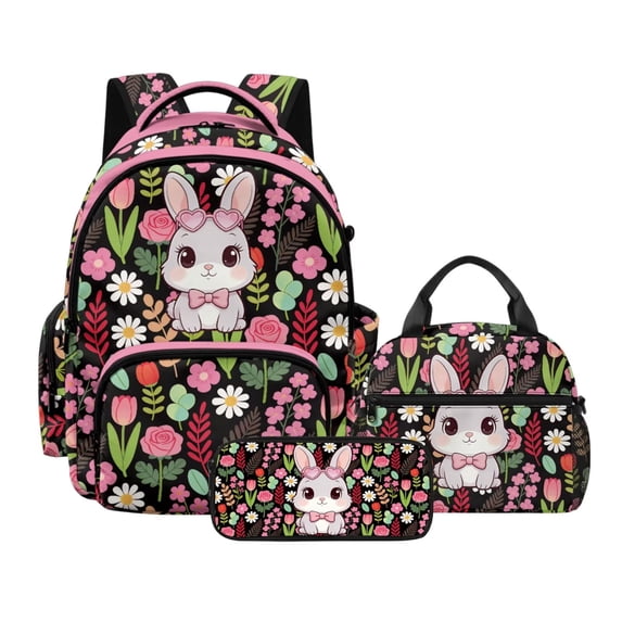 DISNIMO Kids Backpack for Girls, Rabbit Floral Print 3 in 1 School Backpack Set with Lunch Box and Pencil Case, 17 Inch Lightweight School Bookbag Travel Daypack