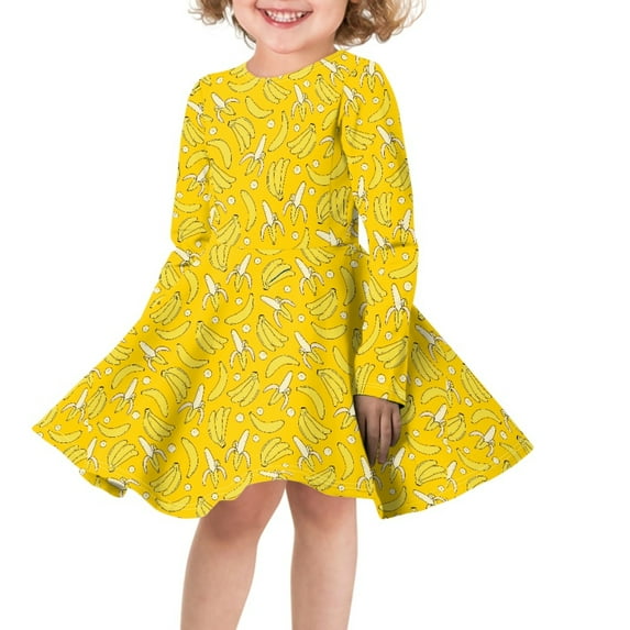 DISNIMO Kids Banana Dress Girls Long Sleeve Yellow Dress Kids Long Sleeve Midi Dress Kids Holiday Dresses for Girls 3-4 Long Sleeve Dresses Children Matching Fall Dress Kids Girl Twirl Dress