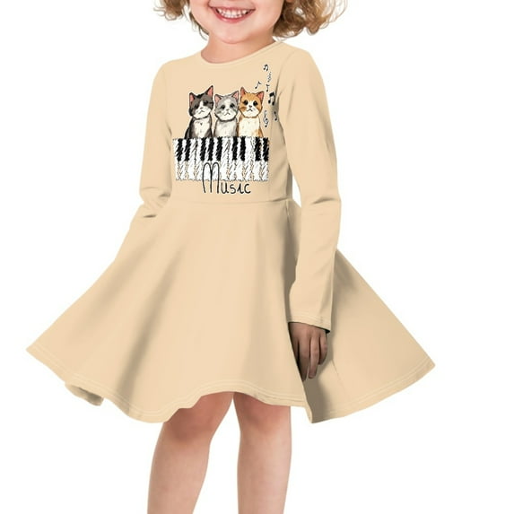 DISNIMO Kids Cat Dress for Girls Long Sleeve Midi Dresses for Girls Music Note Dress Kids Fall Casual Dresses for Girls 9-10 Winter Dresses Girl Kids Holiday Dress for Children Skater Dress